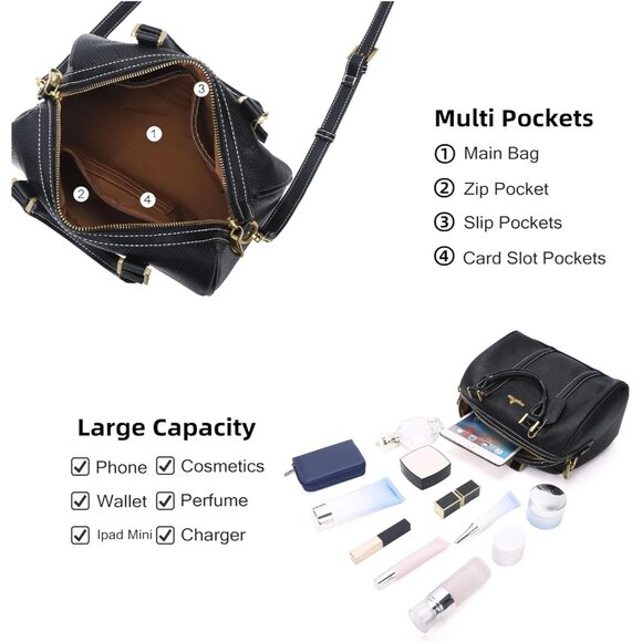 Timeless Vegan Leather Satchel Handbag with Detachable Shoulder Strap - Black - Picture 4 of 9